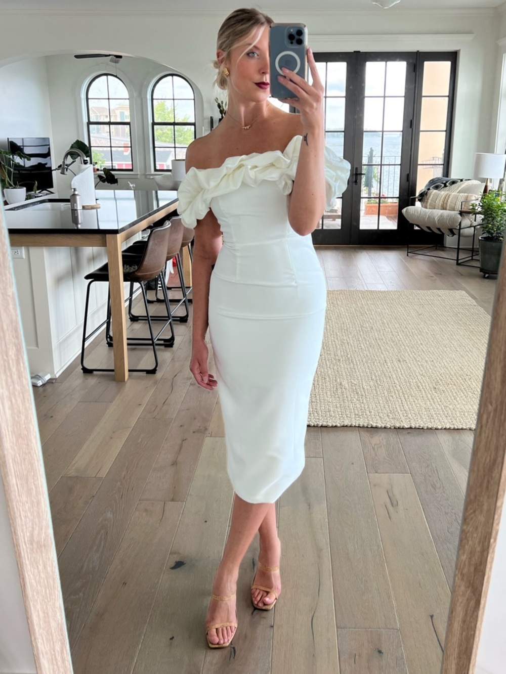 Hello Molly Elegant Off-Shoulder White Midi Dress with Ruffle Detail - Picture 6 of 7